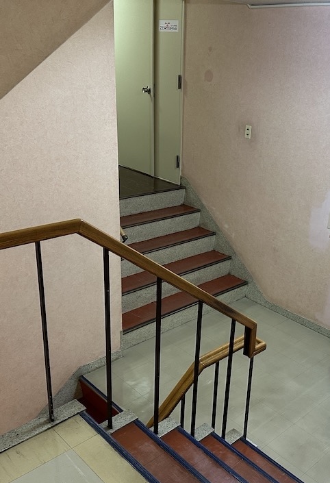 オフィス玄関ドア周辺の風景：下り5段、上り5段の階段あり